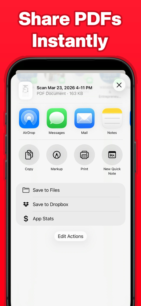 Die Freigabeoberfläche der Scnr-App auf dem iPhone für ein PDF-Dokument