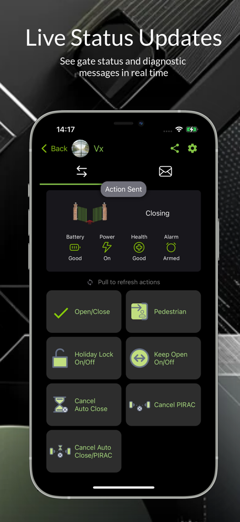 MyCentsys Remote - MyCentsys Remote app interface showing gate status and control buttons