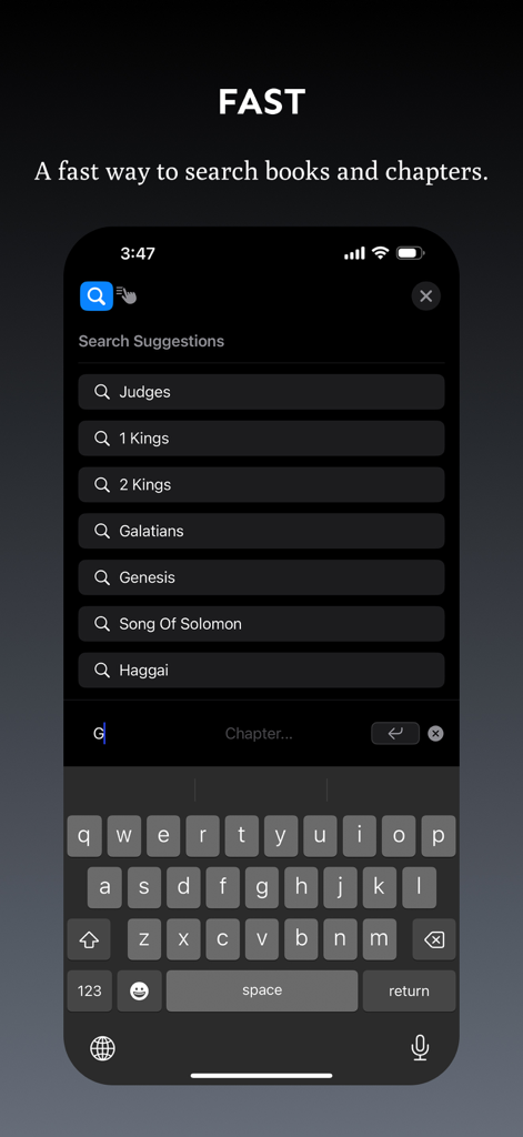 A minimalist interface for searching Bible books and chapters with search suggestions.