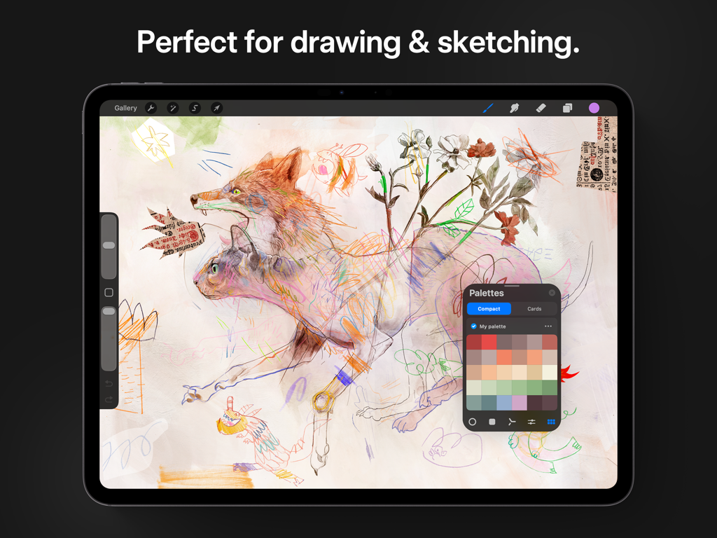 Procreate app interface on an iPad displaying a colorful digital sketch of a fox and a cat with an open color palette.