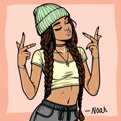 realistic teenage girl with braids and a beanie and crop top doing 🫶🏼
