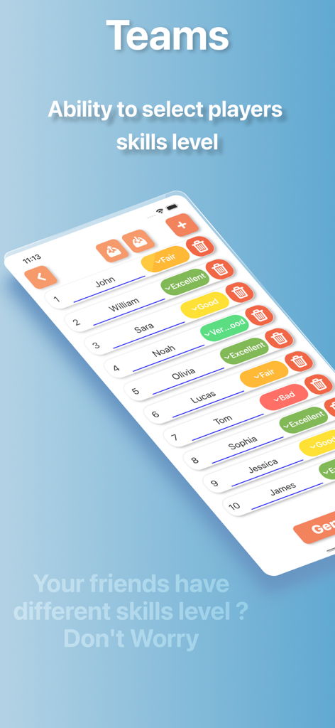 Random Generator App - バランスの取れたチームを作成するためにプレーヤーのスキルレベルを選択するためのRandom Generatorアプリ画面