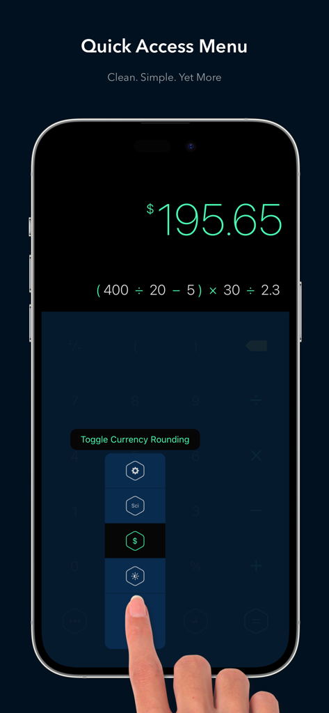 Calzy - Calzy app interface on an iPhone showing the quick access menu with currency rounding and scientific calculation options