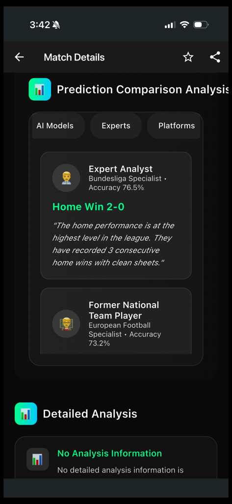 BetScore - AI Sports Analytics - BetScore app interface showing match prediction comparison and expert sports analysis