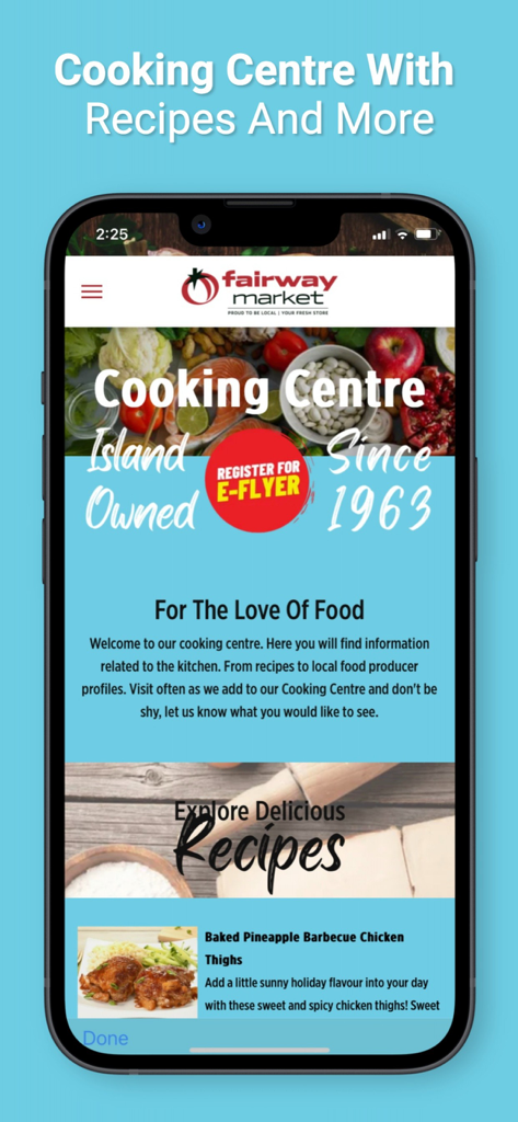 Tela do centro de culinária do aplicativo Fairway Market mostrando receitas e inspiração de refeições.