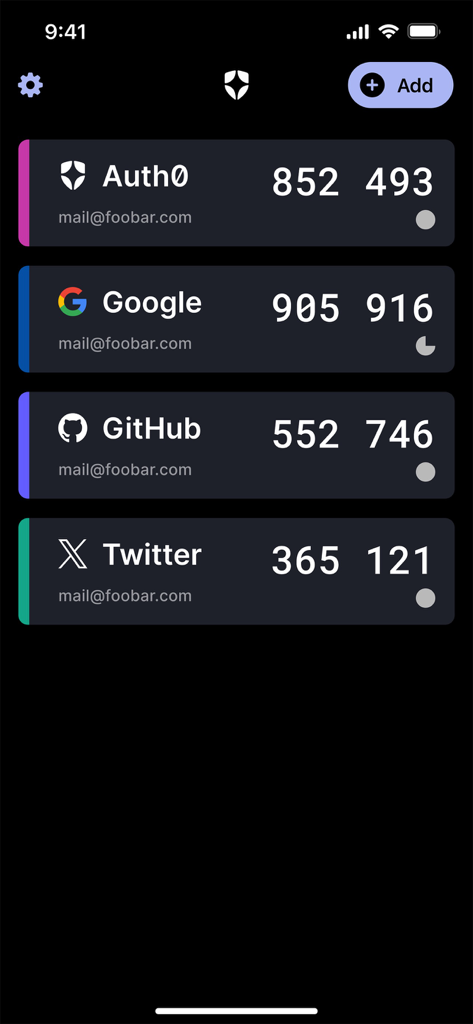 Auth0 Guardian - Auth0 Guardian app interface displaying a list of multi-factor authentication accounts including Google and GitHub with their respective one-time password codes
