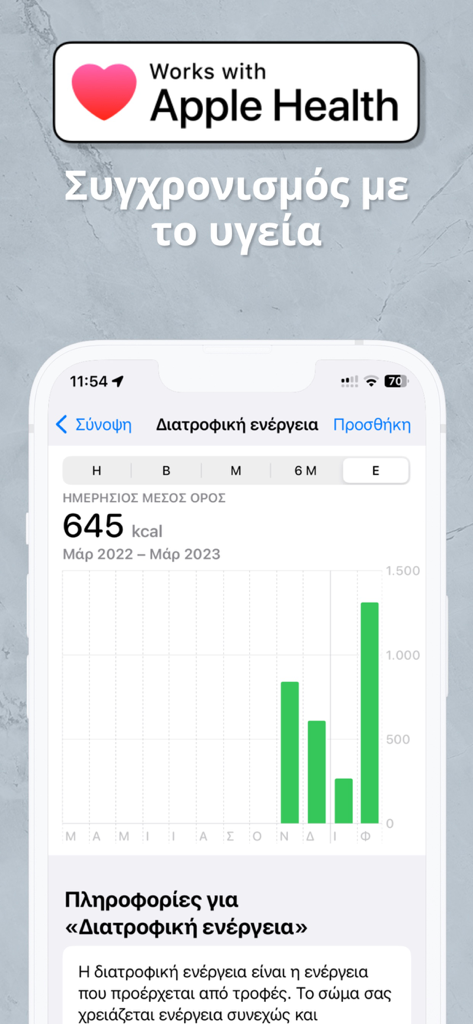 Ελληνικός Θερμιδομετρητής Go - Pantalla de iPhone mostrando la aplicación Greek Calorie Counter Go sincronizada con Apple Health y un gráfico de seguimiento de calorías.