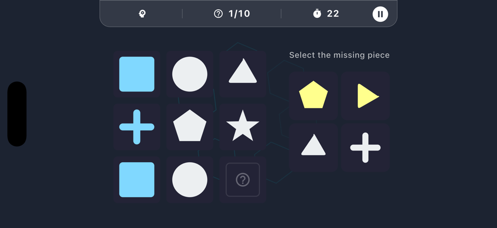 Ascend: Brain Training & IQ - Ascend brain training app logic matrix game screen featuring a pattern recognition puzzle with geometric shapes