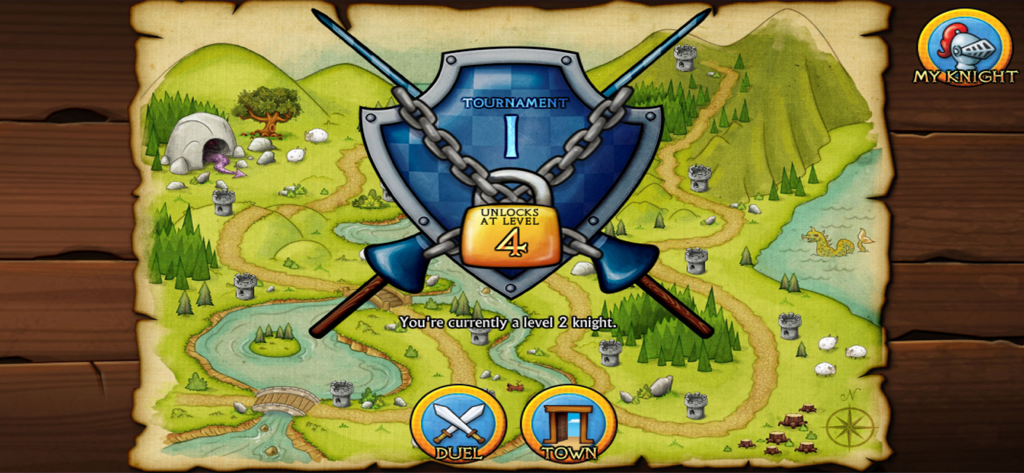 Swords and Sandals Medieval - Medieval game map screen showing a tournament unlock requirement and character level progress.