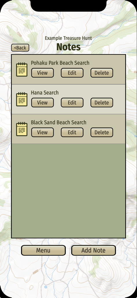 Treasure Hunt Helper - A list of search notes within the Treasure Hunt Helper app featuring view edit and delete buttons over a topographic map background