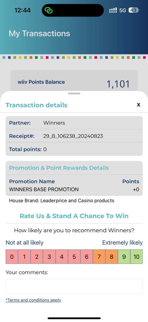 Transaction details screen in the wiiv loyalty app showing points and partner information