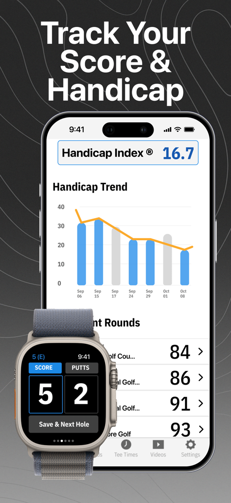Golfshot app displaying a handicap index trend chart on an iPhone and round scoring on an Apple Watch.