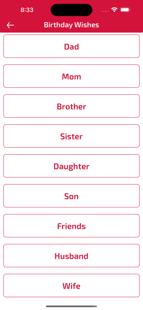 Birthday Wishes & Cards - Un menu de catégories de vœux d'anniversaire pour la famille et les amis, y compris Maman, Papa et Amis.