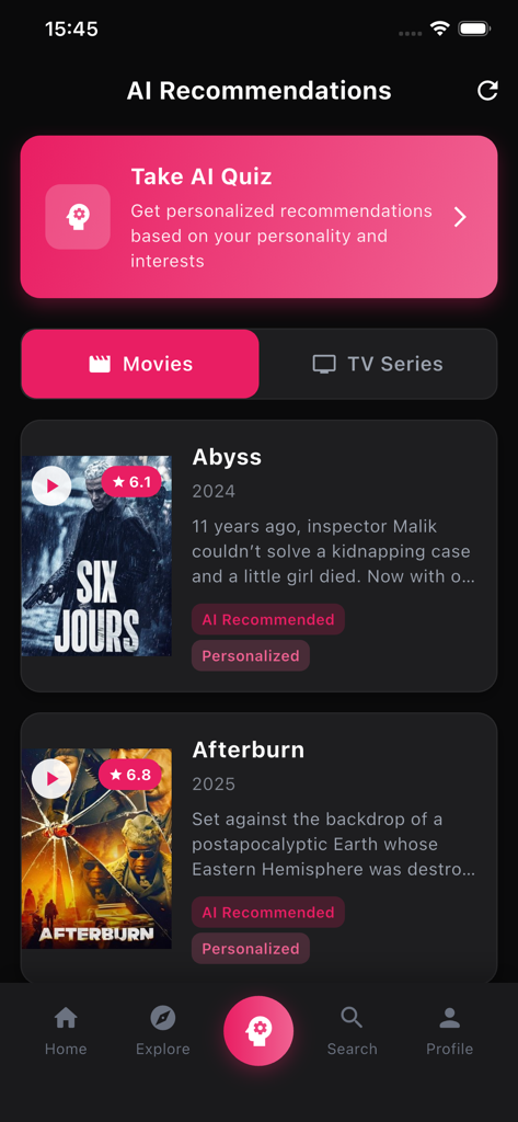 Hi Tv : Ai Explore for Movies - Hi Tv app interface featuring AI-driven movie recommendations and a personalized movie quiz button.