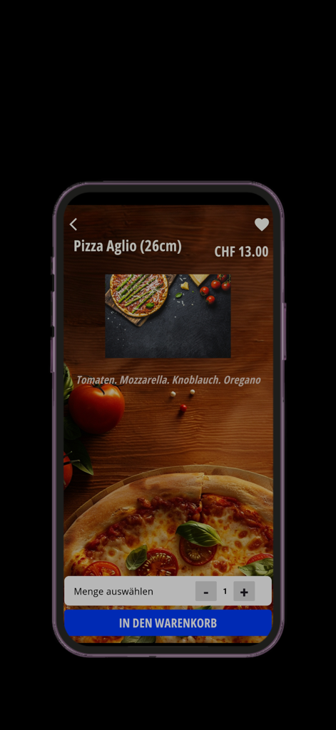 Subito Pizza Kurier mobile App zeigt eine Pizza-Bestellseite mit Zutaten und Preis