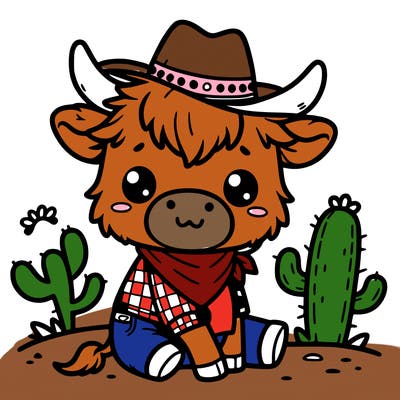 cute highland cow in cowboy hat
