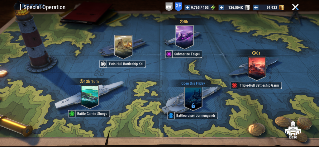 Armada: Warships Legends - Tactical map screen showing Special Operation naval missions in Armada Warships Legends
