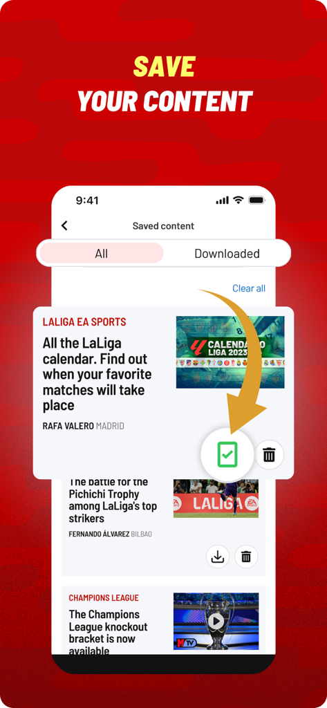 Mobile screen of the MARCA app showing the saved content section with sports news articles and a download icon for offline reading
