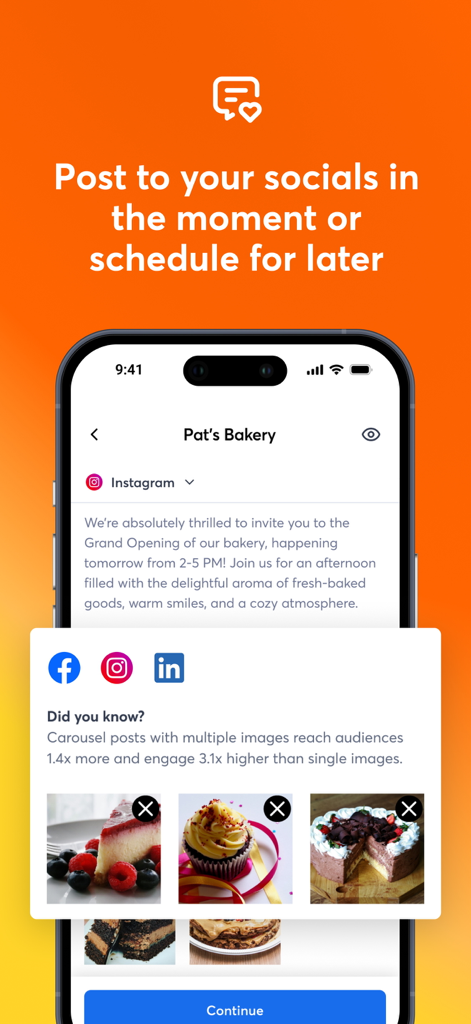 Interfaz de la aplicación móvil Constant Contact para crear y programar publicaciones en redes sociales para pequeñas empresas.