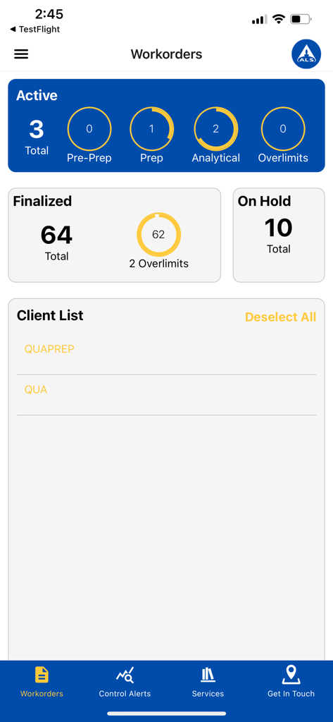 ALS Geochemistry - Workorder dashboard in the ALS Geochemistry app showing real-time status updates for active finalized and on-hold mineral samples