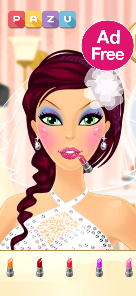Applying pink lipstick to a bride character in the Makeup Girls Wedding Dress up app.