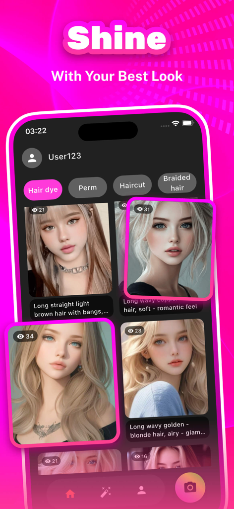 HaloHub - HaloHub mobile app interface showing AI generated hairstyle and hair color previews for women
