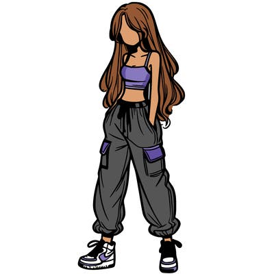 girl in baggy pants crop top and long hair