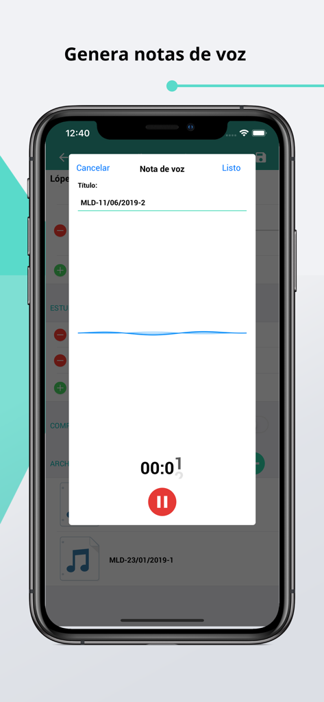 Pantalla de grabación de nota de voz médica en la aplicación Eleonor.