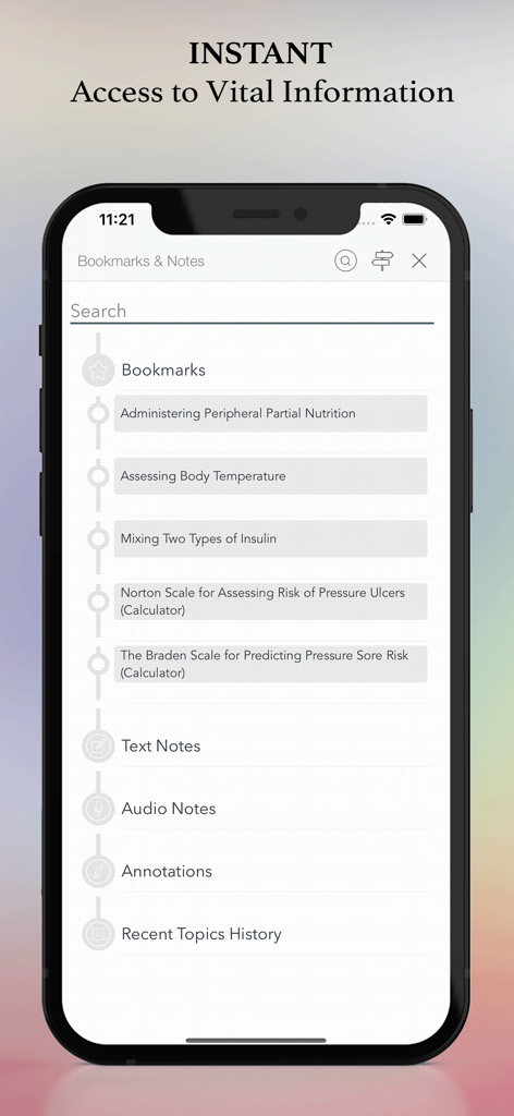 Davis Clinical Nursing Skills - Visualizzazione dell'app Davis Clinical Nursing Skills di procedure mediche salvate nei preferiti e note infermieristiche