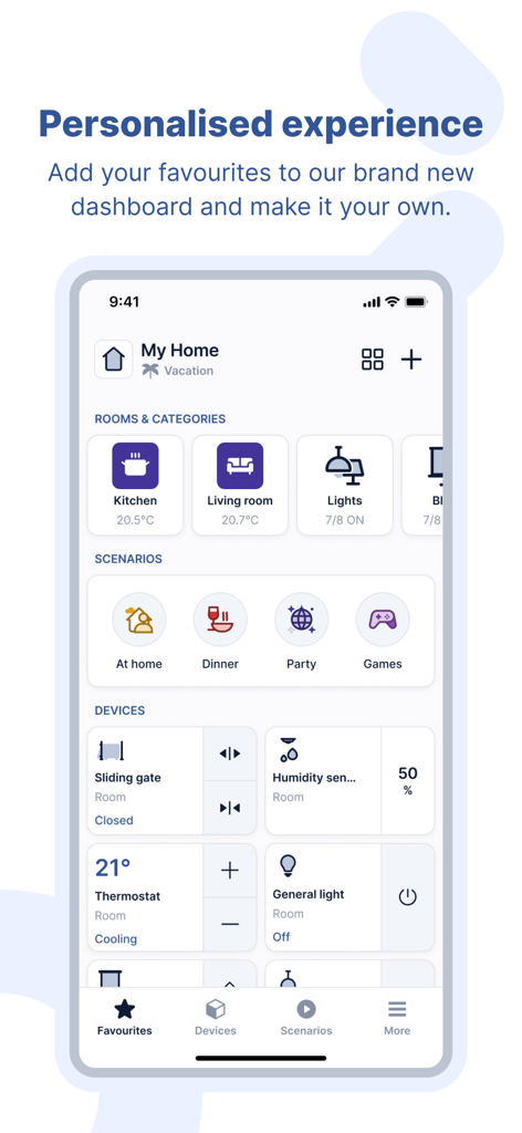 Yubii Home - Yubii Home app interface showing a personalized smart home dashboard with room controls and automated scenarios