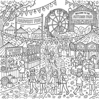 Immerse yourself in the festive spirit of an autumn fair with this intricately detailed coloring page. Discover carnival rides, delightful food stalls, and happy visitors enjoying the crisp fall day.