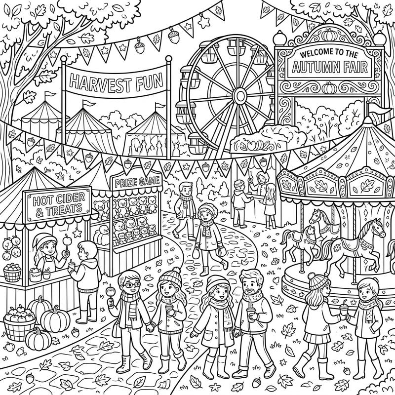 Immerse yourself in the festive spirit of an autumn fair with this intricately detailed coloring page. Discover carnival rides, delightful food stalls, and happy visitors enjoying the crisp fall day.