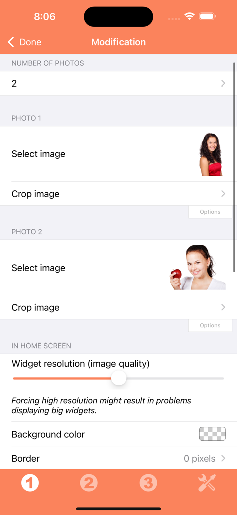 Photo Widget - Oberfläche der Foto Widget-App, die Optionen zur Auswahl von Fotos und zur Anpassung der Widget-Auflösung anzeigt.