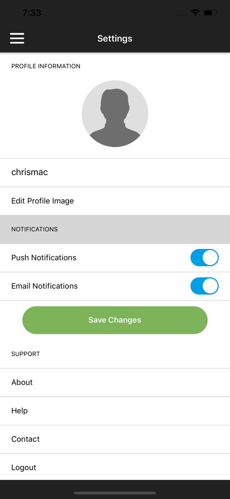The Upper Room Disciplines - The settings screen of the Upper Room Disciplines app showing profile information, notification toggles, and support links.