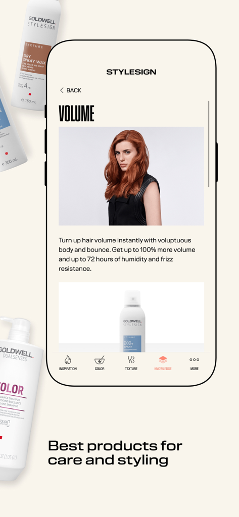 GOLDWELL EDUCATION PLUS - Goldwell Education Plus app screen displaying Stylesign Volume products and hair styling inspiration for professional stylists