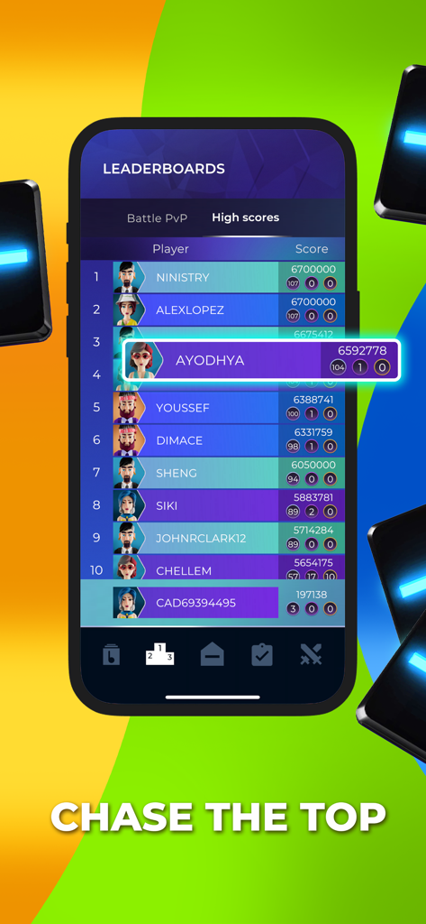 SuperStar: Music Game - Pantalla de tabla de clasificación de SuperStar Music Game que muestra clasificaciones de jugadores competitivos y puntuaciones altas