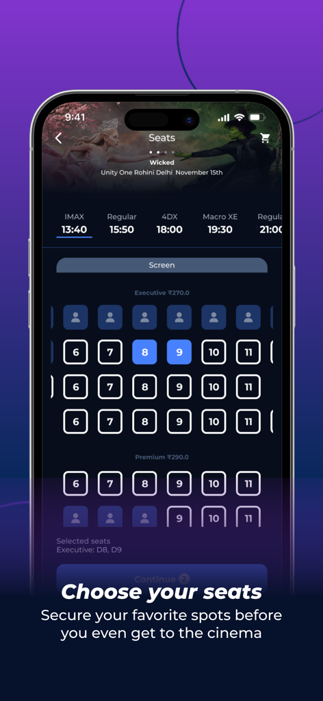 Mobile app screen showing movie seat selection for Cinépolis Go with highlighted theater seating map