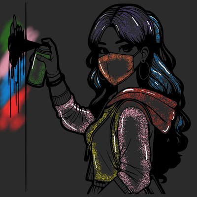 realistic girl with mask spray painting a wall