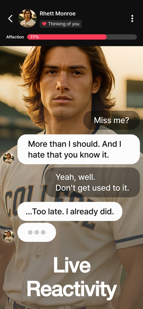 dotdotdot Fantasy AI Boyfriend - A chat interface screen with Rhett Monroe showing an affection level of seventy seven percent and live reactivity text