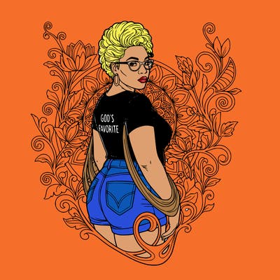 a 58 year old thick  black woman with blonde mohawk curly hair and glasses jean shorts and a black shirt with the words god’s favorite on it