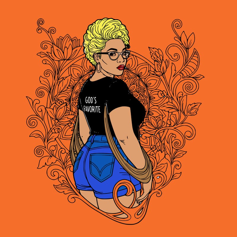 a 58 year old thick  black woman with blonde mohawk curly hair and glasses jean shorts and a black shirt with the words god’s favorite on it