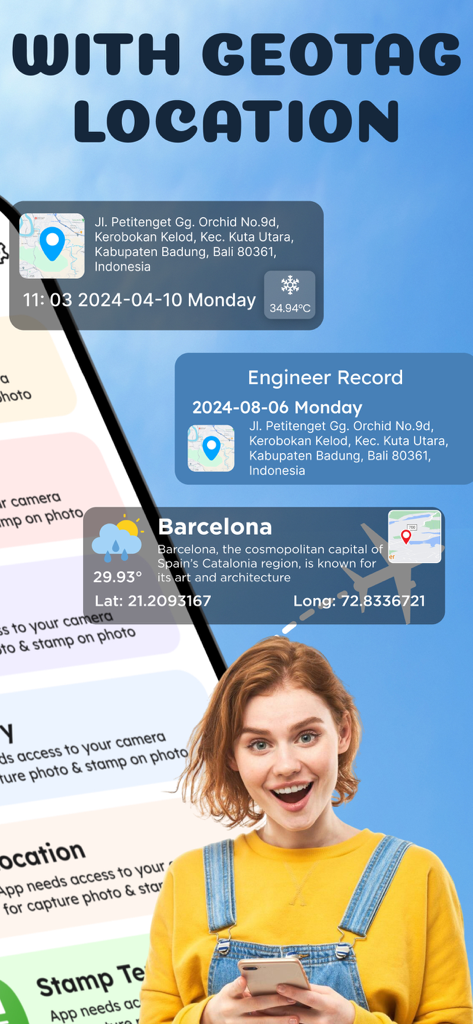 GPS Camera - GPS Video Camera - スマートフォンを手に持ち、写真のジオタグ付き位置情報や天気スタンプを表示している女性。