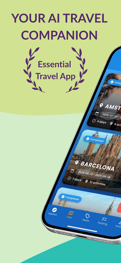 Routly AI travel app interface showing planned and completed trips to Barcelona and Amsterdam