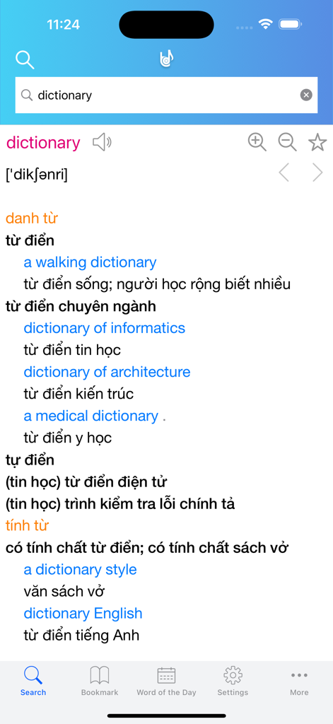 Ultimate Lac Viet Dictionary - 궁극의 락 비엣 앱에서 'dictionary'라는 단어에 대한 영어-베트남어 번역 결과