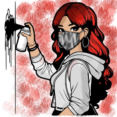 realistic girl with mask spray painting a wall
