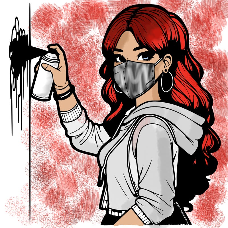 realistic girl with mask spray painting a wall