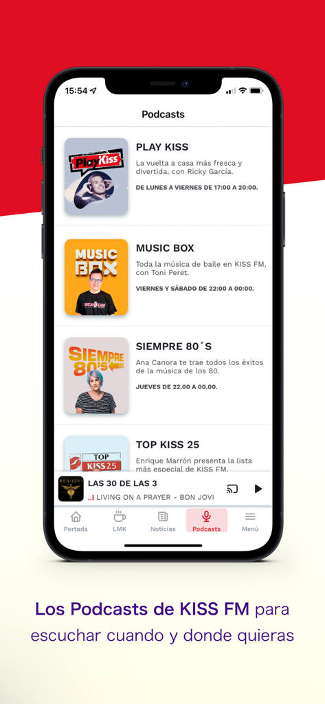 KISS FM - KISS FM mobile app podcast screen featuring various music shows and radio personalities