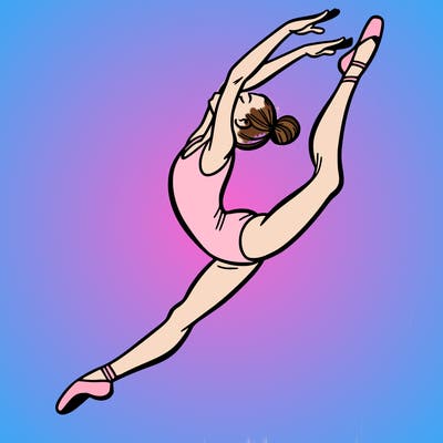 gymnast doing a leap in a leotard with a bent back leg