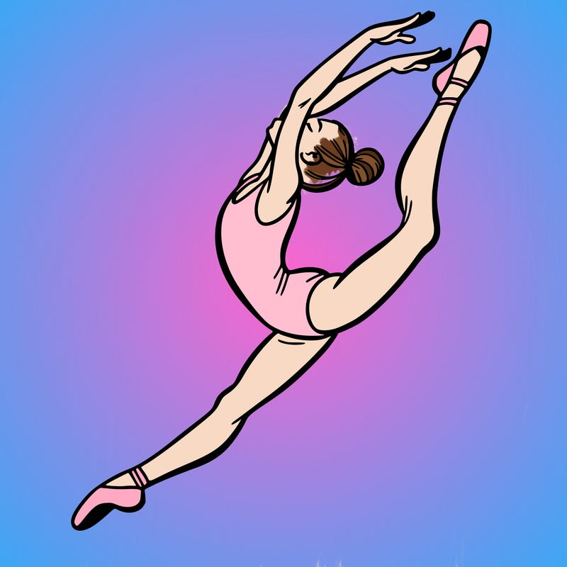 gymnast doing a leap in a leotard with a bent back leg