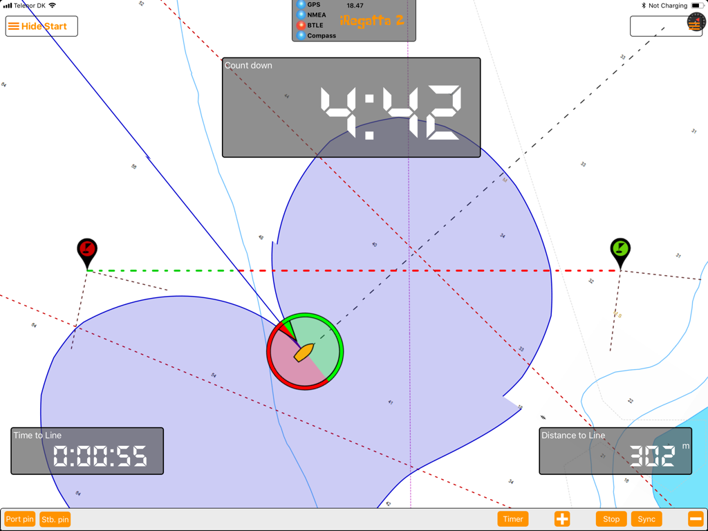 iRegatta 2 sailing app interface showing the countdown timer and distance to the start line on a nautical chart